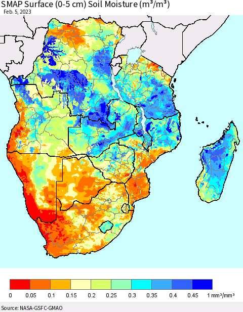 Southern Africa SMAP Surface (0-5 cm) Soil Moisture (m³/m³) Thematic Map For 2/1/2023 - 2/5/2023