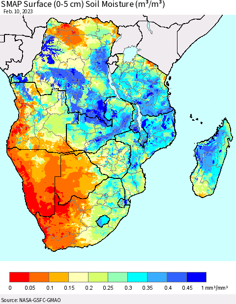 Southern Africa SMAP Surface (0-5 cm) Soil Moisture (m³/m³) Thematic Map For 2/6/2023 - 2/10/2023