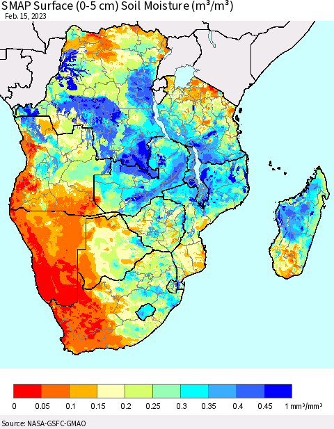 Southern Africa SMAP Surface (0-5 cm) Soil Moisture (m³/m³) Thematic Map For 2/11/2023 - 2/15/2023