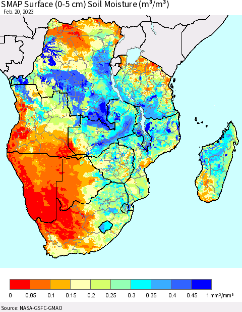 Southern Africa SMAP Surface (0-5 cm) Soil Moisture (m³/m³) Thematic Map For 2/16/2023 - 2/20/2023
