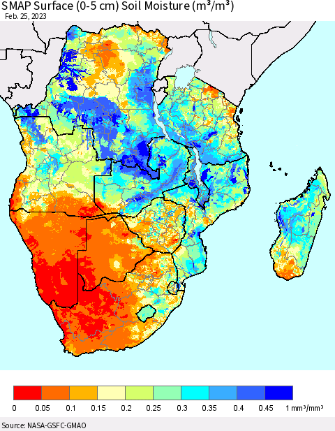 Southern Africa SMAP Surface (0-5 cm) Soil Moisture (m³/m³) Thematic Map For 2/21/2023 - 2/25/2023