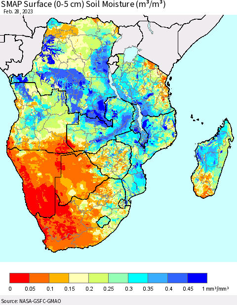 Southern Africa SMAP Surface (0-5 cm) Soil Moisture (m³/m³) Thematic Map For 2/26/2023 - 2/28/2023