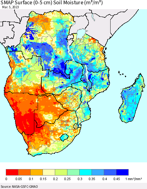 Southern Africa SMAP Surface (0-5 cm) Soil Moisture (m³/m³) Thematic Map For 3/1/2023 - 3/5/2023