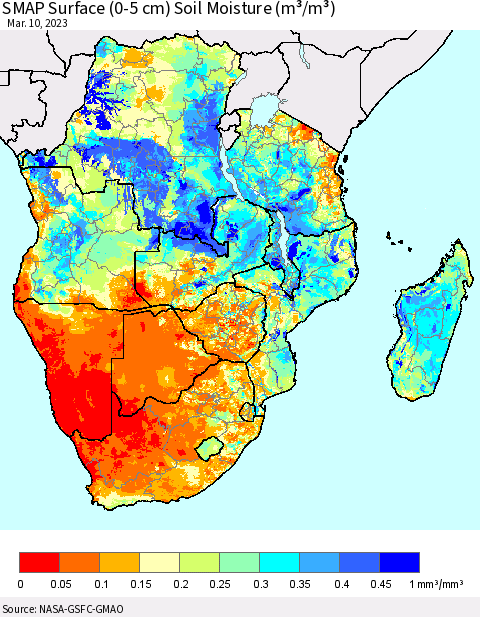 Southern Africa SMAP Surface (0-5 cm) Soil Moisture (m³/m³) Thematic Map For 3/6/2023 - 3/10/2023