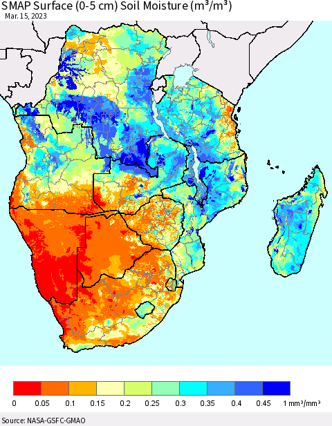 Southern Africa SMAP Surface (0-5 cm) Soil Moisture (m³/m³) Thematic Map For 3/11/2023 - 3/15/2023