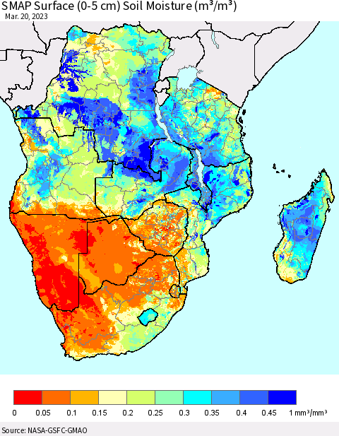 Southern Africa SMAP Surface (0-5 cm) Soil Moisture (m³/m³) Thematic Map For 3/16/2023 - 3/20/2023