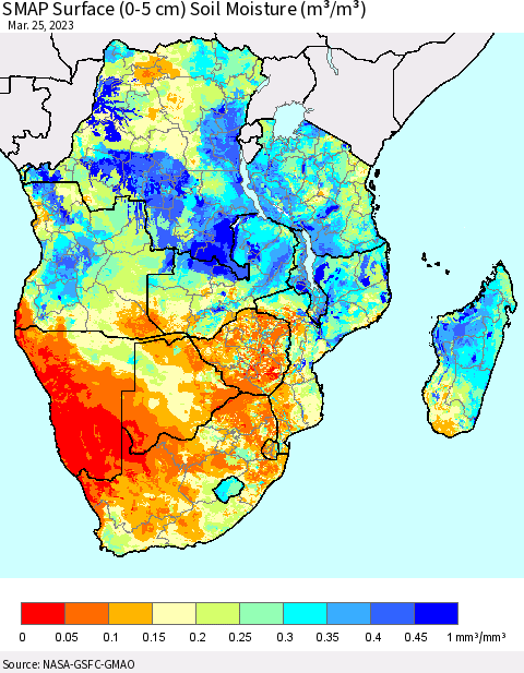 Southern Africa SMAP Surface (0-5 cm) Soil Moisture (m³/m³) Thematic Map For 3/21/2023 - 3/25/2023