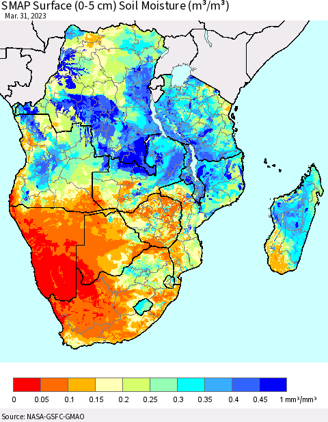 Southern Africa SMAP Surface (0-5 cm) Soil Moisture (m³/m³) Thematic Map For 3/26/2023 - 3/31/2023