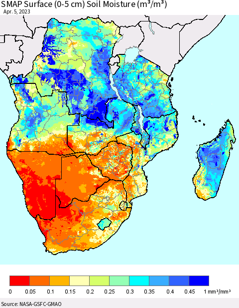 Southern Africa SMAP Surface (0-5 cm) Soil Moisture (m³/m³) Thematic Map For 4/1/2023 - 4/5/2023