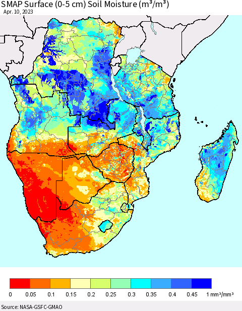 Southern Africa SMAP Surface (0-5 cm) Soil Moisture (m³/m³) Thematic Map For 4/6/2023 - 4/10/2023