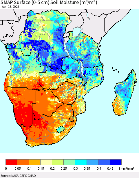 Southern Africa SMAP Surface (0-5 cm) Soil Moisture (m³/m³) Thematic Map For 4/11/2023 - 4/15/2023