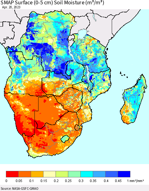 Southern Africa SMAP Surface (0-5 cm) Soil Moisture (m³/m³) Thematic Map For 4/16/2023 - 4/20/2023