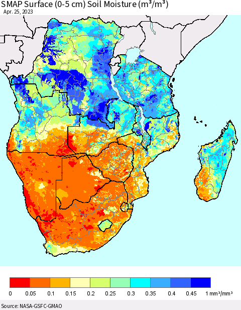 Southern Africa SMAP Surface (0-5 cm) Soil Moisture (m³/m³) Thematic Map For 4/21/2023 - 4/25/2023