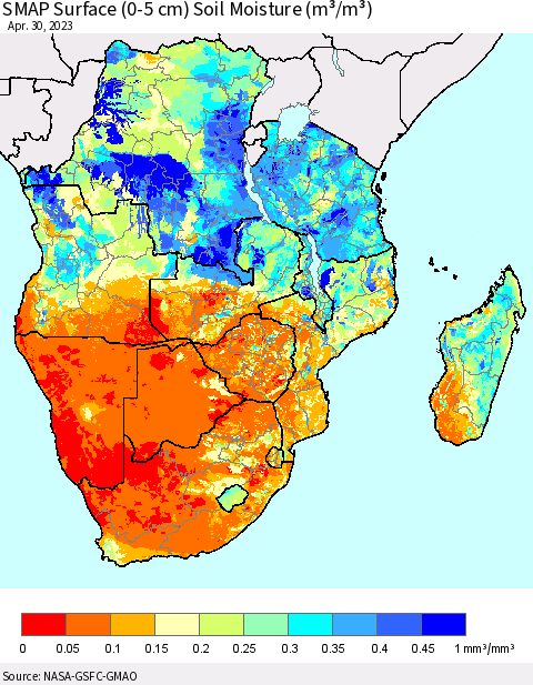 Southern Africa SMAP Surface (0-5 cm) Soil Moisture (m³/m³) Thematic Map For 4/26/2023 - 4/30/2023