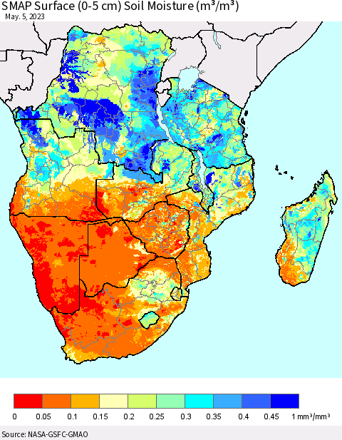 Southern Africa SMAP Surface (0-5 cm) Soil Moisture (m³/m³) Thematic Map For 5/1/2023 - 5/5/2023