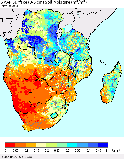 Southern Africa SMAP Surface (0-5 cm) Soil Moisture (m³/m³) Thematic Map For 5/6/2023 - 5/10/2023