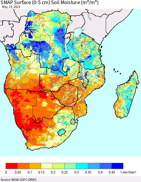 Southern Africa SMAP Surface (0-5 cm) Soil Moisture (m³/m³) Thematic Map For 5/11/2023 - 5/15/2023