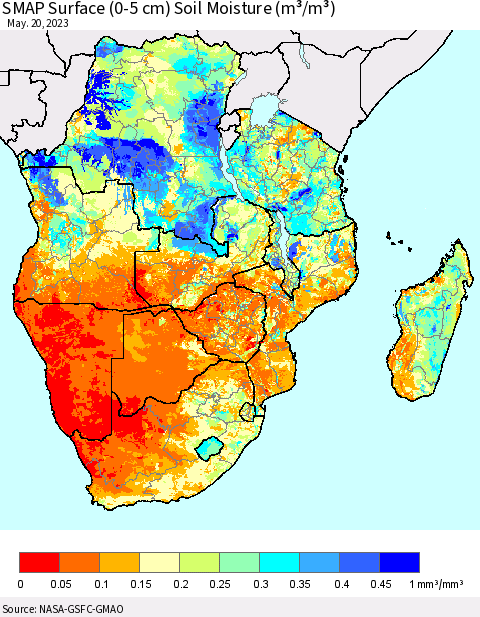 Southern Africa SMAP Surface (0-5 cm) Soil Moisture (m³/m³) Thematic Map For 5/16/2023 - 5/20/2023