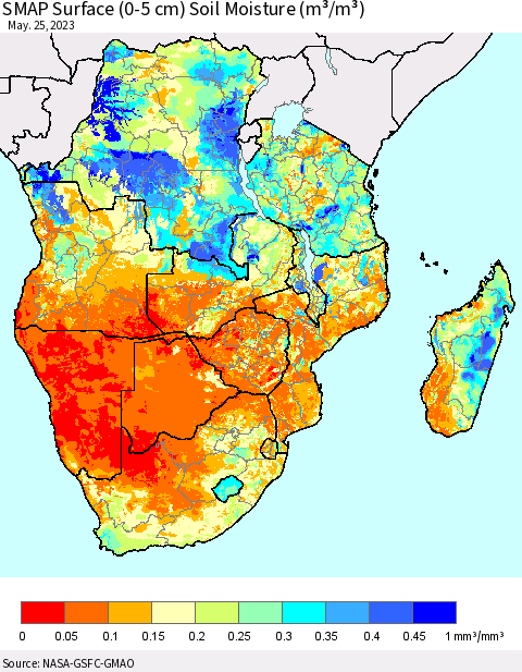 Southern Africa SMAP Surface (0-5 cm) Soil Moisture (m³/m³) Thematic Map For 5/21/2023 - 5/25/2023