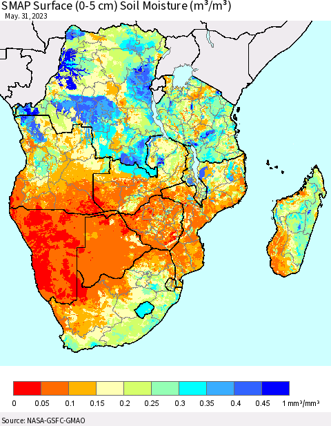 Southern Africa SMAP Surface (0-5 cm) Soil Moisture (m³/m³) Thematic Map For 5/26/2023 - 5/31/2023