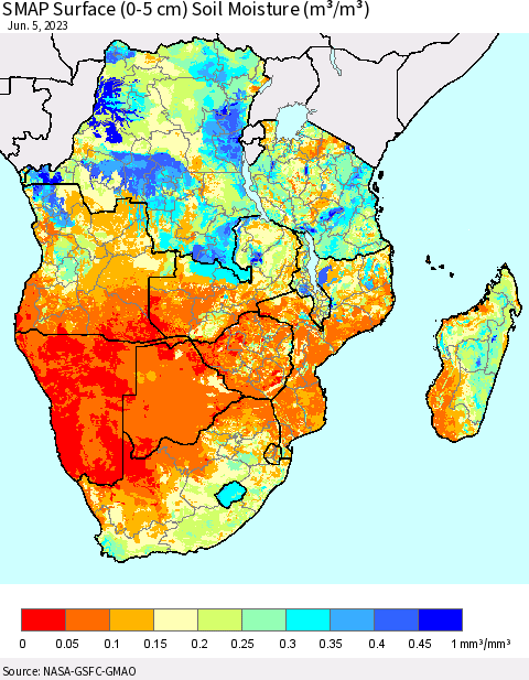 Southern Africa SMAP Surface (0-5 cm) Soil Moisture (m³/m³) Thematic Map For 6/1/2023 - 6/5/2023