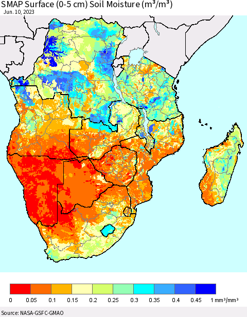 Southern Africa SMAP Surface (0-5 cm) Soil Moisture (m³/m³) Thematic Map For 6/6/2023 - 6/10/2023