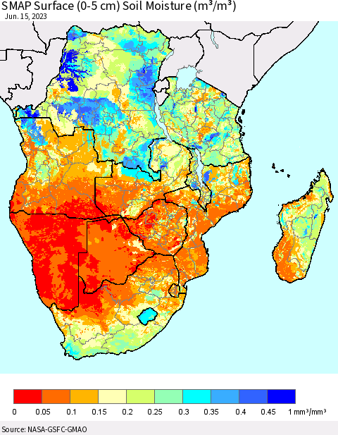 Southern Africa SMAP Surface (0-5 cm) Soil Moisture (m³/m³) Thematic Map For 6/11/2023 - 6/15/2023