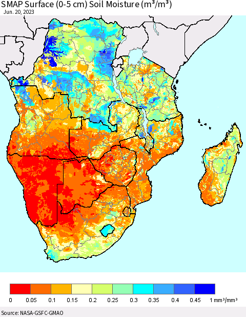 Southern Africa SMAP Surface (0-5 cm) Soil Moisture (m³/m³) Thematic Map For 6/16/2023 - 6/20/2023