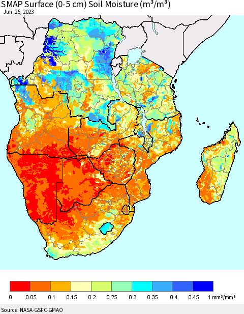 Southern Africa SMAP Surface (0-5 cm) Soil Moisture (m³/m³) Thematic Map For 6/21/2023 - 6/25/2023
