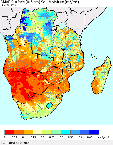 Southern Africa SMAP Surface (0-5 cm) Soil Moisture (m³/m³) Thematic Map For 6/26/2023 - 6/30/2023