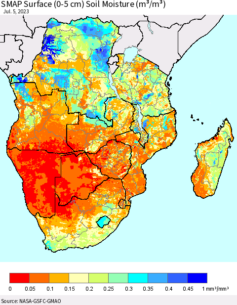 Southern Africa SMAP Surface (0-5 cm) Soil Moisture (m³/m³) Thematic Map For 7/1/2023 - 7/5/2023