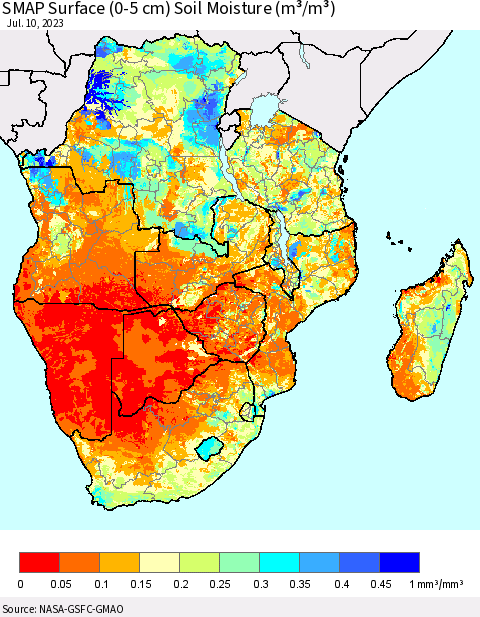 Southern Africa SMAP Surface (0-5 cm) Soil Moisture (m³/m³) Thematic Map For 7/6/2023 - 7/10/2023