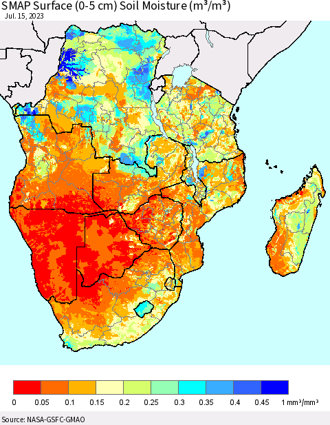 Southern Africa SMAP Surface (0-5 cm) Soil Moisture (m³/m³) Thematic Map For 7/11/2023 - 7/15/2023