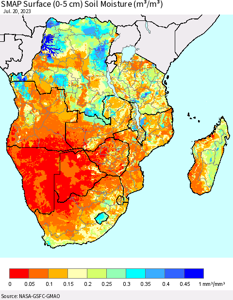 Southern Africa SMAP Surface (0-5 cm) Soil Moisture (m³/m³) Thematic Map For 7/16/2023 - 7/20/2023