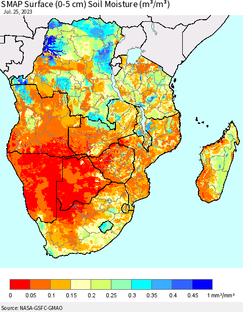 Southern Africa SMAP Surface (0-5 cm) Soil Moisture (m³/m³) Thematic Map For 7/21/2023 - 7/25/2023