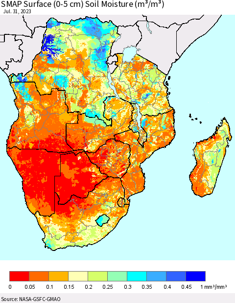 Southern Africa SMAP Surface (0-5 cm) Soil Moisture (m³/m³) Thematic Map For 7/26/2023 - 7/31/2023