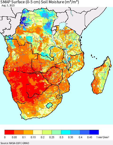 Southern Africa SMAP Surface (0-5 cm) Soil Moisture (m³/m³) Thematic Map For 8/1/2023 - 8/5/2023