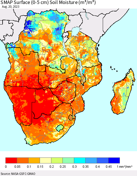 Southern Africa SMAP Surface (0-5 cm) Soil Moisture (m³/m³) Thematic Map For 8/16/2023 - 8/20/2023