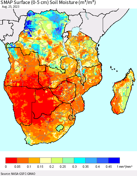 Southern Africa SMAP Surface (0-5 cm) Soil Moisture (m³/m³) Thematic Map For 8/21/2023 - 8/25/2023