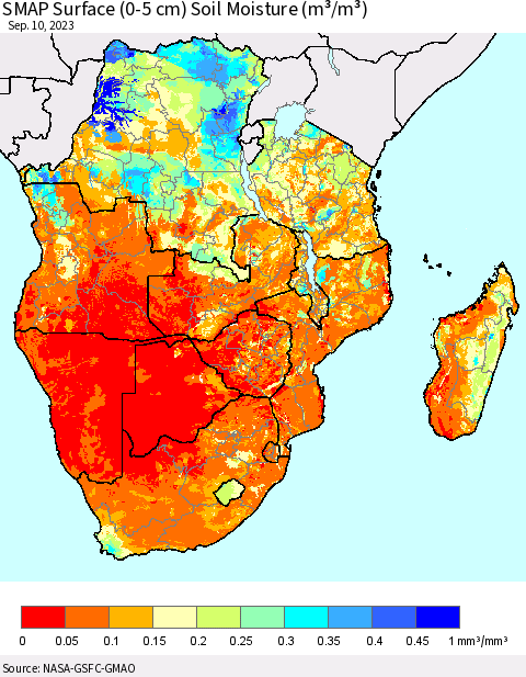 Southern Africa SMAP Surface (0-5 cm) Soil Moisture (m³/m³) Thematic Map For 9/6/2023 - 9/10/2023