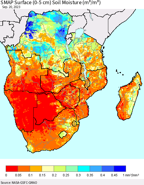 Southern Africa SMAP Surface (0-5 cm) Soil Moisture (m³/m³) Thematic Map For 9/16/2023 - 9/20/2023
