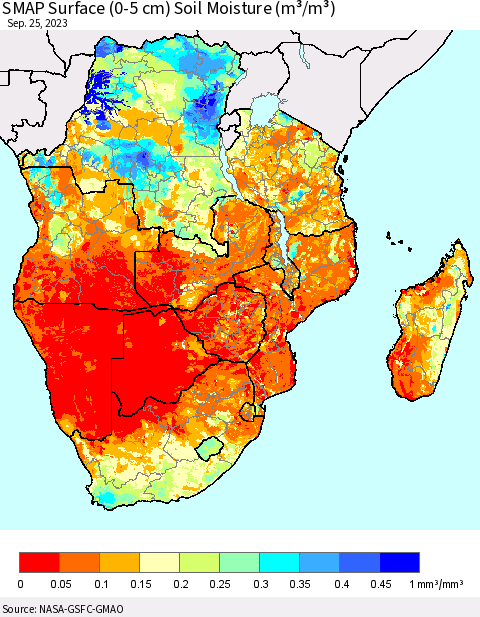 Southern Africa SMAP Surface (0-5 cm) Soil Moisture (m³/m³) Thematic Map For 9/21/2023 - 9/25/2023
