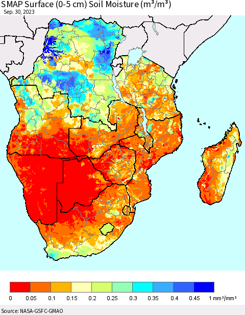 Southern Africa SMAP Surface (0-5 cm) Soil Moisture (m³/m³) Thematic Map For 9/26/2023 - 9/30/2023