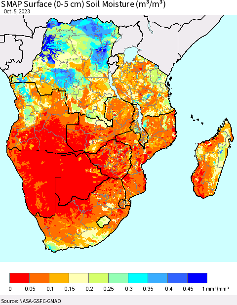 Southern Africa SMAP Surface (0-5 cm) Soil Moisture (m³/m³) Thematic Map For 10/1/2023 - 10/5/2023