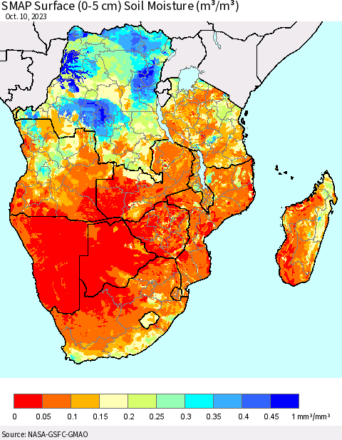 Southern Africa SMAP Surface (0-5 cm) Soil Moisture (m³/m³) Thematic Map For 10/6/2023 - 10/10/2023