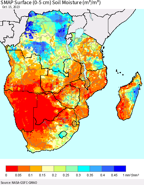 Southern Africa SMAP Surface (0-5 cm) Soil Moisture (m³/m³) Thematic Map For 10/11/2023 - 10/15/2023