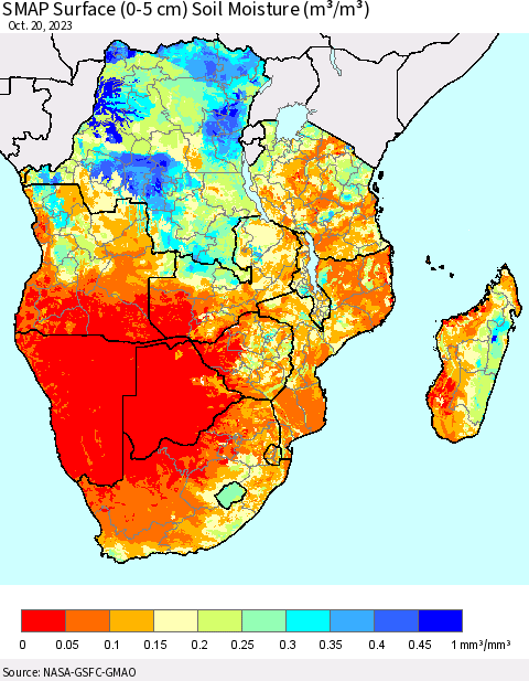 Southern Africa SMAP Surface (0-5 cm) Soil Moisture (m³/m³) Thematic Map For 10/16/2023 - 10/20/2023
