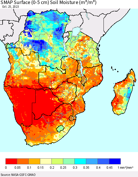 Southern Africa SMAP Surface (0-5 cm) Soil Moisture (m³/m³) Thematic Map For 10/21/2023 - 10/25/2023