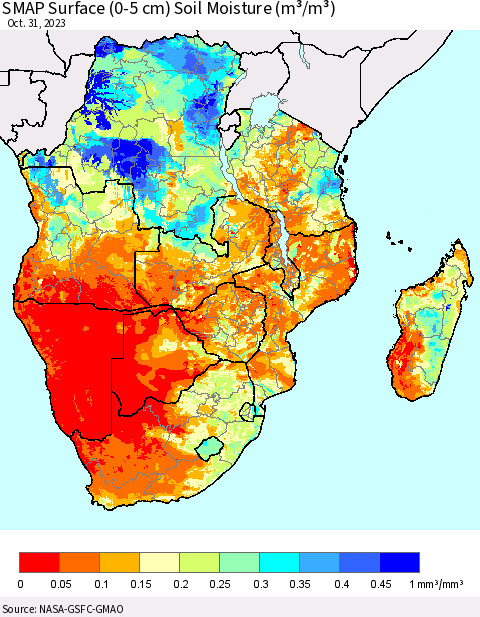 Southern Africa SMAP Surface (0-5 cm) Soil Moisture (m³/m³) Thematic Map For 10/26/2023 - 10/31/2023