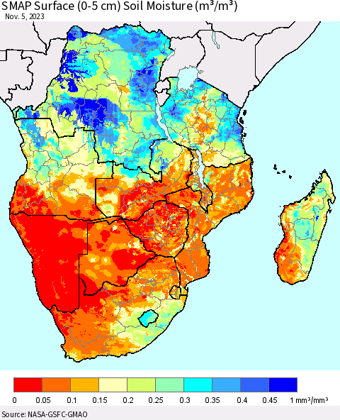 Southern Africa SMAP Surface (0-5 cm) Soil Moisture (m³/m³) Thematic Map For 11/1/2023 - 11/5/2023